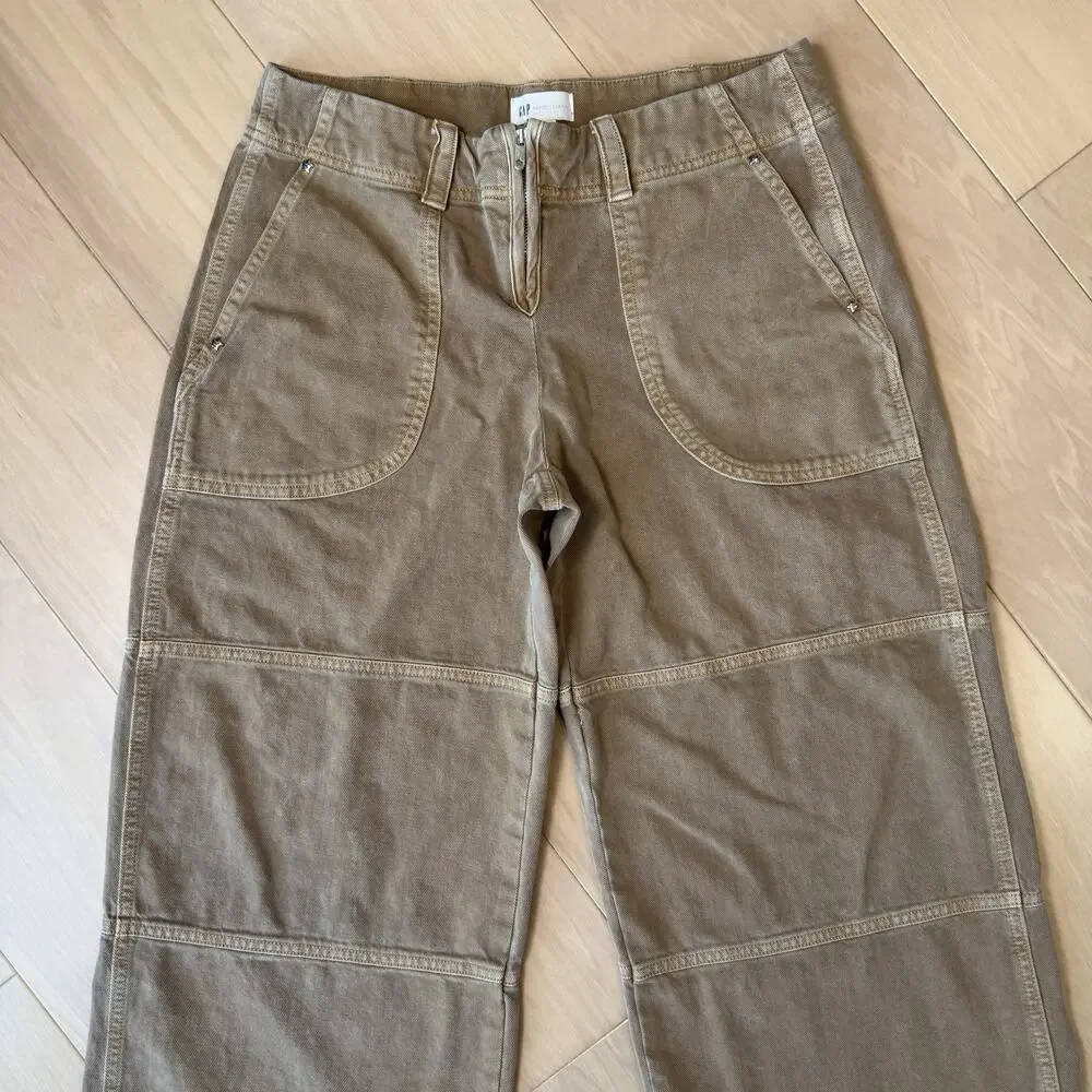Gap Sandy Liang Low Rise Utility Pants Women's 10 Tan Brown Double Knee Baggy - Picture 3 of 11